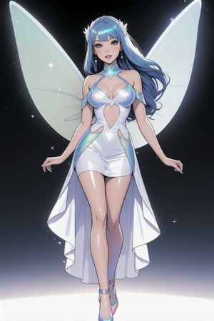 a woman fairy, asymmetric perfect fairy wings, perfect face, blank background, highly detailed, full body, holographic sexy cut out dress white, glitter, shine, sparkling holographic white, long hair, comic style