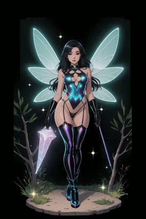 a woman fairy, asymmetric perfect fairy wings, perfect face, dark forest background, highly detailed, full body, holographic sexy cut out dress transparent, glitter thong, shine, sparkling holographic white, black long hair, comic style, sorcerer costume, boots, gloves