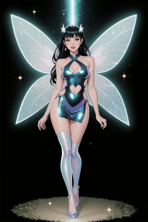 a woman fairy, asymmetric perfect fairy wings, perfect face, dark forest background, highly detailed, full body, holographic sexy cut out dress white, glitter, shine, sparkling holographic white, black long hair, comic style