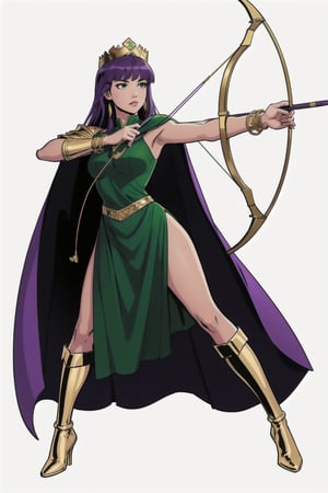 a woman, (perfect face), bright eyes, blank background, highly detailed, full body, sexy cut out green dress, purple hair with bangs, straight long hair, comic style, archery pose, archer queen costume, golden bracelets, green cape, golden crown