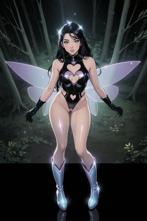 a woman fairy, asymmetric perfect fairy wings, (perfect face), bright eyes, dark forest background, highly detailed, full body, holographic sexy cut out bodysuit transparent, glitter thong, shine, sparkling holographic white, black long hair, comic style, sorcerer costume, boots, gloves, flying, view from above 