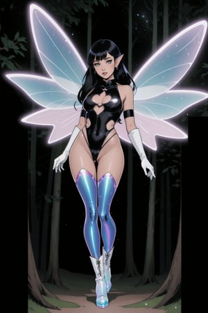 a woman fairy, asymmetric perfect fairy wings, (perfect face), bright eyes, dark forest background, highly detailed, full body, holographic sexy cut out bodysuit transparent, glitter thong, shine, sparkling holographic white, black long hair, comic style, sorcerer costume, boots, gloves