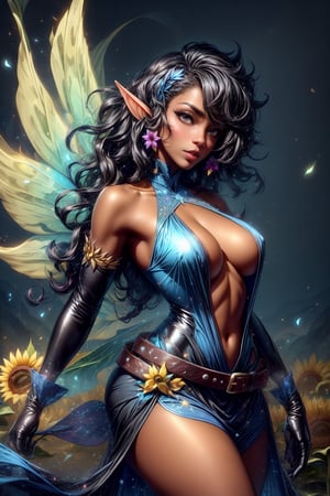 dark skin, a black woman fairy, symmetric perfect fairy wings, perfect face, light day sunflower background, highly detailed, bright eyes, sexy cut out dress yellow, shine, pixie dust, magic dust, wavy black long hair, leather belt, gloves, DonMF41ryW1ng5