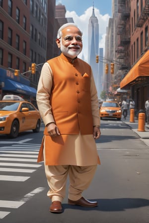 Pixar-style full-length caricature of a mischievous narendra modi in a dynamic pose on a New York city street, wearing a Kurta pajama, created by Greg Rutkowski with sharp focus, depth of field, perfect composition and intricate details. , trending on ArtStation and featured on Pixiv Fanbox, digital art, 8K HDR, ultra-realistic, with the feeling