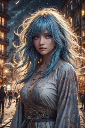 (masterpiece, best quality, ultra-detailed, high resolution, best illustration), perfect face, side lighting, skeptical elements, Nordic heritage) blue hair, blue eyes, long hair, closed mouth, shirt, windswept hair, detailed hair, detailed face, depth_of_field, very detailed background, extreme light shadow, (detailed eyes), perfect anatomy , (zentangle, mandala, tangled, dynamic angle, long shot, upper body, cityscape, extreme light and shadow, night sky