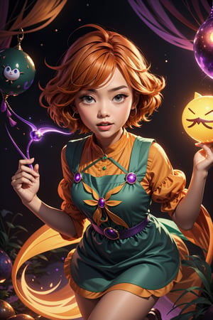 concept art, overhead angle of a Will-o'-the-wisp, wearing Funny Somali Emerald deep orange Pinafore, Caramel hair styled as Short hair, fluorescent purple Hair tie, 