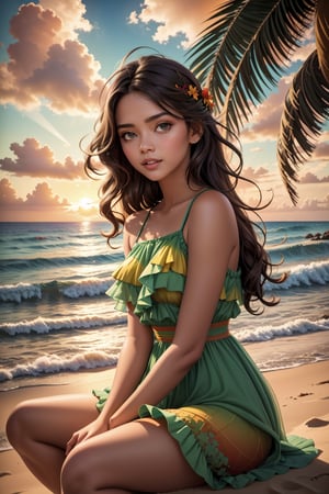 Girl brown hair, green eyes, red lips, (double exposure vibrant colors silhouette), (layered vibrant colors silhouette), (beautiful sunset sandy beach photo scenery), wave, flowers, flowing dress, flowy long hair, (ocean), (realistic photo scenery), (palm tree), (gentle girl sitting,sundress),