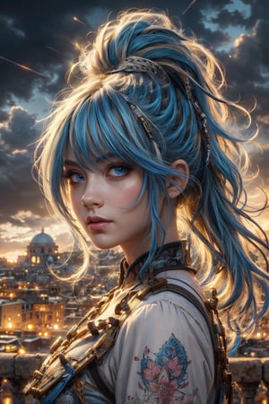 (masterpiece, best quality, ultra-detailed, high resolution, best illustration), perfect face, side lighting, skeptical elements, ancient Greek heritage) blue hair, blue eyes, long hair pony tail, closed mouth, waivy hair, detailed hair, detailed face, depth_of_field, very detailed background, extreme light shadow, (detailed eyes), perfect anatomy , (zentangle, mandala, tangled, dynamic angle, long shot, upper body, cityscape, extreme light and shadow, night sky