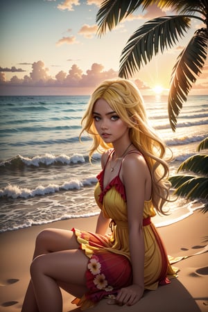 Girl yellow hair, green eyes, red lips, (double exposure vibrant colors silhouette), (layered vibrant colors silhouette), (beautiful sunset sandy beach photo scenery), wave, flowers, flowing dress, flowy long hair, (ocean), (realistic photo scenery), (palm tree), (gentle girl sitting,sundress),