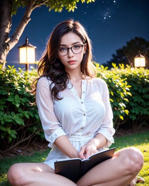 Young girl 22 sits on the grass reading a book, wavy hair long and red, wearing glasses, bright blue eyes, lamp light, whole body, under a tree, distant vision, starry sky, illuminated night, photographic effect, 8k, super detailed, hyper realistic. white blouse, green open button jersey