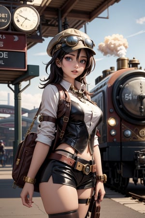 1 girl, aviator hat , solo, steam punk, train station, , steam, smoke, masterpiece, highly detailed,HDR,8k resolution, best quality,
