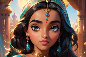 Princess Jasmine from the movie Aladdin and the magic lamp, volumetric cartoon oil paint, 2D book illustration style, sharp focus, bright color, digital paint character design, trending on artstation, high details, simple lines, art by Viktoria Gavrilenko, José Luis Ágreda and Camilla d'Errico,eyes shoot, cinematic moviemaker style,renny the insta girl,detailmaster2