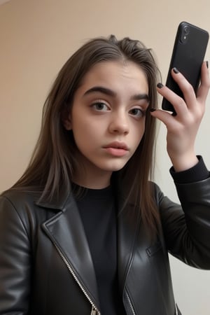 eyes shoot, A girl wearing a black jacket taking selfie while holding a phone to her face, in the style of nerdcore, les nabis, humor meets heart, snapshot aesthetic, english school, white, norris embry, cinematic moviemaker style,renny the insta girl,detailmaster2