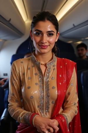 ((Wet clothes, wet hair, wet skin:1.4) (wet clothes, wet hair, wet face, wet skin, water droplets) A cinematic image of a soaking wet indian air hostess , adorned in a traditional tan cream color collared transparent full sleeve salwar kameez with silver embroidery and red dupatta. She is posing for a photo, wearing a soaked skin color salwar kameez with traditional embroidery. The woman is also wearing a gold necklace. Her wet hair is neatly tied in a bun, with wetness visibly showing on her face, hair, and clothes. Full sleeves wet kameez clinging to her body and has floral pattern. . The setting is inside a dimly-lit airplane, illuminating her and the passengers, professional yet alluring expression, 4K, RAW, masterpiece,  full sleeve, tight.


,,Realistic.,, ,soakingwetclothes, wet clothes, wet hair, wet,,3/4 body image ,wet cloths cling to body,Wet,covered in oil,covered in mud,wam,wetlook, Fetishwet,Enhanced all