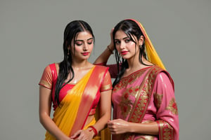 ((wet clothes, wet skin, wet hair:1.4)), two soaking wet young swidish brides posing for a post wedding image in wet Indian kanjevaram saree, wet full sleeve blouse and wet bridal veil.  her hair and clothes are completely wet, slimed and soaked.
. wetness in their hair, clothes,  skin.,Fetishwet,Enhanced all