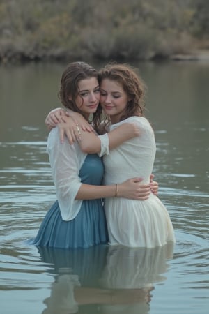 ((wet clothes, wet skin, wet hair:1.4)), Stunning and realistic photo captured with a 50mm lens: Two elegant Victorian ladies in blue shades dresses paired with white winter shawls, submerged in calm water of the Wild West. Hugging happily while drenched,  attire made of solid color material and cotton ballgowns clinging to their forms. Erin Moriarty's style,  long sleeves and restored retro style showcase drenched hair and soaked attire. Water cascades  their hair, clothes,  skin.,Fetishwet