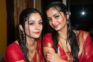 ((wet clothes, wet skin, wet hair:1.4)), two soaking wet young swidish brides posing for a post wedding image in wet Indian kanjevaram saree, wet full sleeve blouse and wet bridal veil.  her hair and clothes are completely wet, slimed and soaked.
. wetness in their hair, clothes,  skin.,Fetishwet,Enhanced all