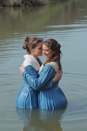 ((wet clothes, wet skin, wet hair:1.4)), Stunning and realistic photo captured with a 50mm lens: Two elegant Victorian ladies in blue shades dresses paired with white winter shawls, submerged in calm water of the Wild West. Hugging happily while drenched,  attire made of solid color material and cotton ballgowns clinging to their forms. Erin Moriarty's style,  long sleeves and restored retro style showcase drenched hair and soaked attire. Water cascades  their hair, clothes,  skin.,Fetishwet