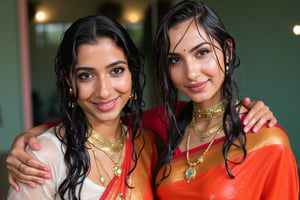 ((wet clothes, wet skin, wet hair:1.4)), two soaking wet young swidish brides posing for a post wedding image in wet Indian kanjevaram saree, wet full sleeve blouse and wet bridal veil.  her hair and clothes are completely wet, slimed and soaked.
. wetness in their hair, clothes,  skin.,Fetishwet,Enhanced all