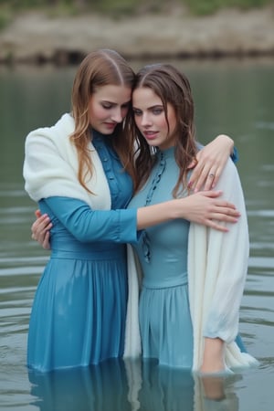 ((wet clothes, wet skin, wet hair:1.4)), Stunning and realistic photo captured with a 50mm lens: Two elegant Victorian ladies in blue shades dresses paired with white winter shawls, submerged in calm water of the Wild West. Hugging happily while drenched,  attire made of solid color material and cotton ballgowns clinging to their forms. Erin Moriarty's style,  long sleeves and restored retro style showcase drenched hair and soaked attire. Water cascades  their hair, clothes,  skin.,Fetishwet