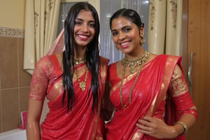 ((wet clothes, wet skin, wet hair:1.4)), two soaking wet young swidish brides posing for a post wedding image in wet Indian kanjevaram saree, wet full sleeve blouse and wet bridal veil.  her hair and clothes are completely wet, slimed and soaked.
. wetness in their hair, clothes,  skin.,Fetishwet,Enhanced all