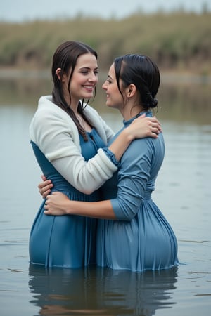 ((wet clothes, wet skin, wet hair:1.4)), Stunning and realistic photo captured with a 50mm lens: Two elegant Victorian ladies in blue shades dresses paired with white winter shawls, submerged in calm water of the Wild West. Hugging happily while drenched,  attire made of solid color material and cotton ballgowns clinging to their forms. Erin Moriarty's style,  long sleeves and restored retro style showcase drenched hair and soaked attire. Water cascades  their hair, clothes,  skin.,Fetishwet