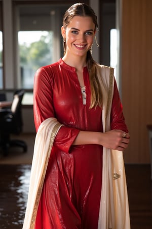 ((Wet clothes, wet hair, wet skin:1.4) A cinematic medium shot of a soaking wet Emma Watson wearing a traditional crimson, modest, full-sleeve wet cotton kameez and a wet white dupatta shawl with intricate embroidery designs. She is presenting at the office, smiling confidently. The wet fabric shimmers as it catches the lights. The soaked full-sleeve dress accentuates her arms, and the draped dress highlights her elegant silhouette. Her wet hair is slicked back, and she strikes a powerful pose. Despite being drenched, her makeup remains flawless, enhancing her glamorous yet bold appearance. The dramatic contrast between the location and her soaked traditional attire adds flair to the moment, as the lighting reflects off the wet fabric....

,,Realistic.,, ,soakingwetclothes, wet clothes, wet hair, wet,,3/4 body image ,wet cloths cling to body,Wet,covered in oil,covered in mud,wam,wetlook, Fetishwet,Enhanced all