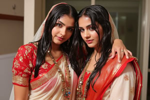 ((wet clothes, wet skin, wet hair:1.4)), two soaking wet brides posing for a post wedding image in wet Indian kanjevaram saree, wet full sleeve blouse and bridal veil.  
. wetness in their hair, clothes,  skin.,Fetishwet,Enhanced all