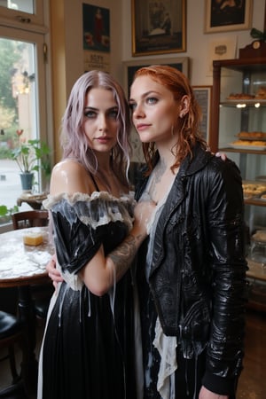 In this breathtaking 8K wallpaper, Cinematic,  A photo of a vintage-themed cafe or bakery with two soaking wet slimy Hollywood celebrity standing inside. The wet slimy woman on the left is Emma Stone. She has wet pastel purple hair, dark eye makeup, and is wearing a wet soaked black gothic frock dress with white lace details paired with a intricate wet lace shawl. She has tattoos on her arms. The soaking wet slimy woman on the right is Brie Larson.  She has wet deep red hair, dark eye makeup, and is dressed in a black jacket with lace and metal details.  she wears a wet satin shawl with patterned design. Behind them, the cafe's interior is adorned with various posters, old-fashioned signs, and a display of pastries and bread. Their clothes, hair, and skin are completely soaking wet, and their wet clothes cling to their bodies. Their hair is full of shampoo, and there are many suds flowing through their bodies.. The atmosphere is electric with intimacy and excitement. both of them doused completely in transparent slime. Both of them has shampoo in their hair and soap flowing through the body. 
. VNS_Add more details,Wet,covered in oil,covered in mud,wam,wet clothes,pouring oil,wetlook,pouring oil,Fetishwet, her dress covered with slime, her skin and hair covered in slime. 