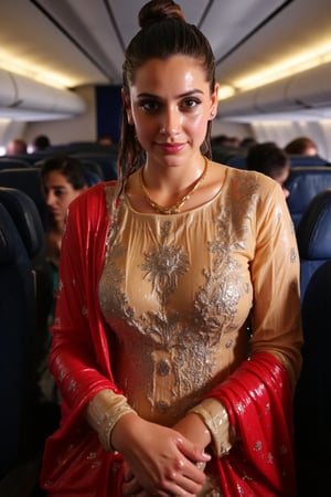 ((Wet clothes, wet hair, wet skin:1.4) (wet clothes, wet hair, wet face, wet skin, water droplets) A cinematic image of a soaking wet indian air hostess , adorned in a traditional tan cream color collared transparent full sleeve salwar kameez with silver embroidery and red dupatta. She is posing for a photo, wearing a soaked skin color salwar kameez with traditional embroidery. The woman is also wearing a gold necklace. Her wet hair is neatly tied in a bun, with wetness visibly showing on her face, hair, and clothes. Full sleeves wet kameez clinging to her body and has floral pattern. . The setting is inside a dimly-lit airplane, illuminating her and the passengers, professional yet alluring expression, 4K, RAW, masterpiece,  full sleeve, tight.


,,Realistic.,, ,soakingwetclothes, wet clothes, wet hair, wet,,3/4 body image ,wet cloths cling to body,Wet,covered in oil,covered in mud,wam,wetlook, Fetishwet,Enhanced all