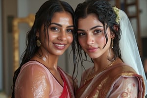 ((wet clothes, wet skin, wet hair:1.4)), two soaking wet young swidish brides posing for a post wedding image in wet Indian kanjevaram saree, wet full sleeve blouse and wet bridal veil.  her hair and clothes are completely wet, slimed and soaked.
. wetness in their hair, clothes,  skin.,Fetishwet,Enhanced all