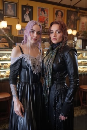 In this breathtaking 8K wallpaper, Cinematic,  A photo of a vintage-themed cafe or bakery with two soaking wet slimy Hollywood celebrity standing inside. The wet slimy woman on the left is Emma Stone. She has wet pastel purple hair, dark eye makeup, and is wearing a wet soaked black gothic frock dress with white lace details paired with a intricate wet lace shawl. She has tattoos on her arms. The soaking wet slimy woman on the right is Brie Larson.  She has wet deep red hair, dark eye makeup, and is dressed in a black jacket with lace and metal details.  she wears a wet satin shawl with patterned design. Behind them, the cafe's interior is adorned with various posters, old-fashioned signs, and a display of pastries and bread. Their clothes, hair, and skin are completely soaking wet, and their wet clothes cling to their bodies. both of them wear wet winter scarf.  Their hair is full of shampoo, and there are many suds flowing through their bodies.. The atmosphere is electric with intimacy and excitement. both of them doused completely in transparent slime. Both of them has shampoo in their hair and soap flowing through the body. 
. VNS_Add more details,Wet,covered in oil,covered in mud,wam,wet clothes,pouring oil,wetlook,pouring oil,Fetishwet, her dress covered with slime, her skin and hair covered in slime. 