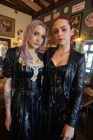 In this breathtaking 8K wallpaper, Cinematic,  A photo of a vintage-themed cafe or bakery with two soaking wet slimy Hollywood celebrity standing inside. The wet slimy woman on the left is Emma Stone. She has wet pastel purple hair, dark eye makeup, and is wearing a wet soaked black gothic frock dress with white lace details paired with a intricate wet lace shawl. She has tattoos on her arms. The soaking wet slimy woman on the right is Brie Larson.  She has wet deep red hair, dark eye makeup, and is dressed in a black jacket with lace and metal details.  she wears a wet satin shawl with patterned design. Behind them, the cafe's interior is adorned with various posters, old-fashioned signs, and a display of pastries and bread. Their clothes, hair, and skin are completely soaking wet, and their wet clothes cling to their bodies. Their hair is full of shampoo, and there are many suds flowing through their bodies.. The atmosphere is electric with intimacy and excitement. both of them doused completely in transparent slime. Both of them has shampoo in their hair and soap flowing through the body. 
. VNS_Add more details,Wet,covered in oil,covered in mud,wam,wet clothes,pouring oil,wetlook,pouring oil,Fetishwet, her dress covered with slime, her skin and hair covered in slime. 