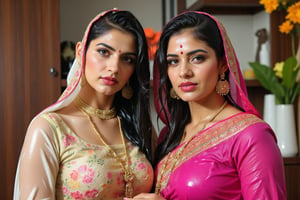 ((wet clothes, wet skin, wet hair:1.4)), two soaking wet young swidish brides posing for a post wedding image in wet Indian kanjevaram saree, wet full sleeve blouse and wet bridal veil.  her hair and clothes are completely wet, slimed and soaked.
. wetness in their hair, clothes,  skin.,Fetishwet,Enhanced all