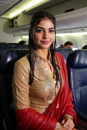 ((Wet clothes, wet hair, wet skin:1.4) (wet clothes, wet hair, wet face, wet skin, water droplets) A cinematic image of a soaking wet indian air hostess , adorned in a traditional tan cream color collared transparent full sleeve salwar kameez with silver embroidery and red dupatta. She is posing for a photo, wearing a soaked skin color salwar kameez with traditional embroidery. The woman is also wearing a gold necklace. Her wet hair is neatly tied in a bun, with wetness visibly showing on her face, hair, and clothes. Full sleeves wet kameez clinging to her body and has floral pattern. . The setting is inside a dimly-lit airplane, illuminating her and the passengers, professional yet alluring expression, 4K, RAW, masterpiece,  full sleeve, tight.


,,Realistic.,, ,soakingwetclothes, wet clothes, wet hair, wet,,3/4 body image ,wet cloths cling to body,Wet,covered in oil,covered in mud,wam,wetlook, Fetishwet,Enhanced all