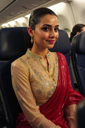 ((Wet clothes, wet hair, wet skin:1.4) (wet clothes, wet hair, wet face, wet skin, water droplets) A cinematic image of a soaking wet indian air hostess , adorned in a traditional tan cream color collared transparent full sleeve salwar kameez with silver embroidery and red dupatta. She is posing for a photo, wearing a soaked skin color salwar kameez with traditional embroidery. The woman is also wearing a gold necklace. Her wet hair is neatly tied in a bun, with wetness visibly showing on her face, hair, and clothes. Full sleeves wet kameez clinging to her body and has floral pattern. . The setting is inside a dimly-lit airplane, illuminating her and the passengers, professional yet alluring expression, 4K, RAW, masterpiece,  full sleeve, tight.


,,Realistic.,, ,soakingwetclothes, wet clothes, wet hair, wet,,3/4 body image ,wet cloths cling to body,Wet,covered in oil,covered in mud,wam,wetlook, Fetishwet,Enhanced all