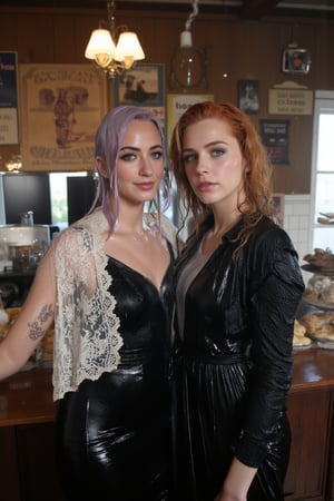 In this breathtaking 8K wallpaper, Cinematic,  A photo of a vintage-themed cafe or bakery with two soaking wet Hollywood celebrity standing inside. The wet woman on the left is Emma Stone. She has wet pastel purple hair, dark eye makeup, and is wearing a wet soaked black dress with white lace details paired with a intricate wet lace shawl. She has tattoos on her arms. The wet woman on the right is Brie Larson.  She has wet deep red hair, dark eye makeup, and is dressed in a black jacket with lace and metal details.  she wears a wet satin shawl with patterned design. Behind them, the cafe's interior is adorned with various posters, old-fashioned signs, and a display of pastries and bread. Their clothes, hair, and skin are completely soaking wet, and their wet clothes cling to their bodies. Their hair is full of shampoo, and there are many suds flowing through their bodies.. The atmosphere is electric with intimacy and excitement, as the limousine glides smoothly through the soaked streets, the perfect backdrop for this unforgettable prom night. both of them doused completely in transparent slime. Both of them has shampoo in their hair and soap flowing through the body. 
. VNS_Add more details,Wet,covered in oil,covered in mud,wam,wet clothes,pouring oil,wetlook,pouring oil,Fetishwet, her dress covered with slime, her skin and hair covered in slime. 