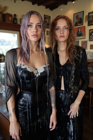 In this breathtaking 8K wallpaper, Cinematic,  A photo of a vintage-themed cafe or bakery with two soaking wet slimy Hollywood celebrity standing inside. The wet slimy woman on the left is Emma Stone. She has wet pastel purple hair, dark eye makeup, and is wearing a wet soaked black gothic dress with white lace details paired with a intricate wet lace shawl. She has tattoos on her arms. The soaking wet slimy woman on the right is Brie Larson.  She has wet deep red hair, dark eye makeup, and is dressed in a black jacket with lace and metal details.  she wears a wet satin shawl with patterned design. Behind them, the cafe's interior is adorned with various posters, old-fashioned signs, and a display of pastries and bread. Their clothes, hair, and skin are completely soaking wet, and their wet clothes cling to their bodies. Their hair is full of shampoo, and there are many suds flowing through their bodies.. The atmosphere is electric with intimacy and excitement. both of them doused completely in transparent slime. Both of them has shampoo in their hair and soap flowing through the body. 
. VNS_Add more details,Wet,covered in oil,covered in mud,wam,wet clothes,pouring oil,wetlook,pouring oil,Fetishwet, her dress covered with slime, her skin and hair covered in slime. 