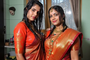 ((wet clothes, wet skin, wet hair:1.4)), two soaking wet brides posing for a post wedding image in wet Indian kanjevaram saree, wet full sleeve blouse and bridal veil.  
. wetness in their hair, clothes,  skin.,Fetishwet,Enhanced all