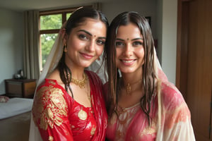 ((wet clothes, wet skin, wet hair:1.4)), two soaking wet young swidish brides posing for a post wedding image in wet Indian kanjevaram saree, wet full sleeve blouse and wet bridal veil.  her hair and clothes are completely wet, slimed and soaked.
. wetness in their hair, clothes,  skin.,Fetishwet,Enhanced all