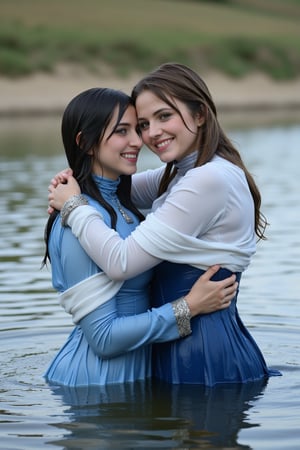 ((wet clothes, wet skin, wet hair:1.4)), Stunning and realistic photo captured with a 50mm lens: Two elegant Victorian ladies in blue shades dresses paired with white winter shawls, submerged in calm water of the Wild West. Hugging happily while drenched,  attire made of solid color material and cotton ballgowns clinging to their forms. Erin Moriarty's style,  long sleeves and restored retro style showcase drenched hair and soaked attire. Water cascades  their hair, clothes,  skin.,Fetishwet