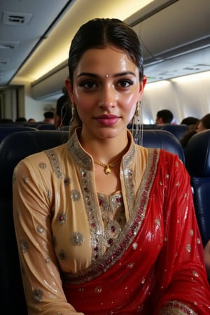 ((Wet clothes, wet hair, wet skin:1.4) (wet clothes, wet hair, wet face, wet skin, water droplets) A cinematic image of a soaking wet indian air hostess , adorned in a traditional tan cream color collared transparent full sleeve salwar kameez with silver embroidery and red dupatta. She is posing for a photo, wearing a soaked skin color salwar kameez with traditional embroidery. The woman is also wearing a gold necklace. Her wet hair is neatly tied in a bun, with wetness visibly showing on her face, hair, and clothes. Full sleeves wet kameez clinging to her body and has floral pattern. . The setting is inside a dimly-lit airplane, illuminating her and the passengers, professional yet alluring expression, 4K, RAW, masterpiece,  full sleeve, tight.


,,Realistic.,, ,soakingwetclothes, wet clothes, wet hair, wet,,3/4 body image ,wet cloths cling to body,Wet,covered in oil,covered in mud,wam,wetlook, Fetishwet,Enhanced all