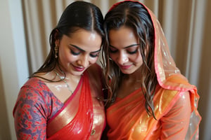 ((wet clothes, wet skin, wet hair:1.4)), two soaking wet young swidish brides posing for a post wedding image in wet Indian kanjevaram saree, wet full sleeve blouse and wet bridal veil.  her hair and clothes are completely wet, slimed and soaked.
. wetness in their hair, clothes,  skin.,Fetishwet,Enhanced all