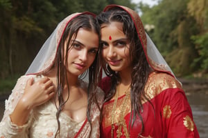 ((wet clothes, wet skin, wet hair:1.4)), two soaking wet young swidish brides posing for a post wedding image in wet Indian kanjevaram saree, wet full sleeve blouse and wet bridal veil.  her hair and clothes are completely wet, slimed and soaked.
. wetness in their hair, clothes,  skin.,Fetishwet,Enhanced all