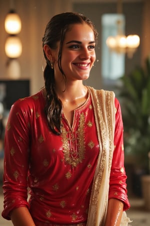 ((Wet clothes, wet hair, wet skin:1.4) A cinematic medium shot of a soaking wet Emma Watson wearing a traditional crimson, modest, full-sleeve wet cotton kameez and a wet white dupatta shawl with intricate embroidery designs. She is presenting at the office, smiling confidently. The wet fabric shimmers as it catches the lights. The soaked full-sleeve dress accentuates her arms, and the draped dress highlights her elegant silhouette. Her wet hair is slicked back, and she strikes a powerful pose. Despite being drenched, her makeup remains flawless, enhancing her glamorous yet bold appearance. The dramatic contrast between the location and her soaked traditional attire adds flair to the moment, as the lighting reflects off the wet fabric....

,,Realistic.,, ,soakingwetclothes, wet clothes, wet hair, wet,,3/4 body image ,wet cloths cling to body,Wet,covered in oil,covered in mud,wam,wetlook, Fetishwet,Enhanced all