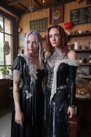 In this breathtaking 8K wallpaper, Cinematic,  A photo of a vintage-themed cafe or bakery with two soaking wet slimy Hollywood celebrity standing inside. The wet slimy woman on the left is Emma Stone. She has wet pastel purple hair, dark eye makeup, and is wearing a wet soaked black gothic frock dress with white lace details paired with a intricate wet lace shawl. She has tattoos on her arms. The soaking wet slimy woman on the right is Brie Larson.  She has wet deep red hair, dark eye makeup, and is dressed in a black jacket with lace and metal details.  she wears a wet satin shawl with patterned design. Behind them, the cafe's interior is adorned with various posters, old-fashioned signs, and a display of pastries and bread. Their clothes, hair, and skin are completely soaking wet, and their wet clothes cling to their bodies. both of them wear wet winter scarf.  Their hair is full of shampoo, and there are many suds flowing through their bodies.. The atmosphere is electric with intimacy and excitement. both of them doused completely in transparent slime. Both of them has shampoo in their hair and soap flowing through the body. 
. VNS_Add more details,Wet,covered in oil,covered in mud,wam,wet clothes,pouring oil,wetlook,pouring oil,Fetishwet, her dress covered with slime, her skin and hair covered in slime. 