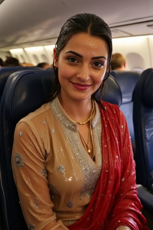 ((Wet clothes, wet hair, wet skin:1.4) (wet clothes, wet hair, wet face, wet skin, water droplets) A cinematic image of a soaking wet indian air hostess , adorned in a traditional tan cream color collared transparent full sleeve salwar kameez with silver embroidery and red dupatta. She is posing for a photo, wearing a soaked skin color salwar kameez with traditional embroidery. The woman is also wearing a gold necklace. Her wet hair is neatly tied in a bun, with wetness visibly showing on her face, hair, and clothes. Full sleeves wet kameez clinging to her body and has floral pattern. . The setting is inside a dimly-lit airplane, illuminating her and the passengers, professional yet alluring expression, 4K, RAW, masterpiece,  full sleeve, tight.


,,Realistic.,, ,soakingwetclothes, wet clothes, wet hair, wet,,3/4 body image ,wet cloths cling to body,Wet,covered in oil,covered in mud,wam,wetlook, Fetishwet,Enhanced all