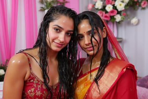 ((wet clothes, wet skin, wet hair:1.4)), two soaking wet young swidish brides posing for a post wedding image in wet Indian kanjevaram saree, wet full sleeve blouse and wet bridal veil.  her hair and clothes are completely wet, slimed and soaked.
. wetness in their hair, clothes,  skin.,Fetishwet,Enhanced all