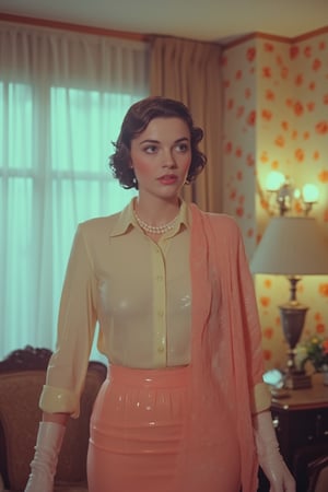 ((wet clothes, wet skin, wet hair:1.4)), A retro scene featuring a woman with wet, short, dark hair standing in a brightly lit living room. She is dressed in a wet, buttoned-up, full-sleeve cream shirt that clings slightly to her form, adding a touch of elegance to the vintage setting. she also elegantly draped in a wet shawl with intrecate design. She wears a pearl necklace and gloves, her expression startled, her eyes wide with surprise as she stands near the window. The living room is furnished with retro decor—vintage patterned curtains, a classic armchair, and ornate lamps. The soft, warm lighting enhances the mid-20th century vibe, giving the room a cozy and nostalgic atmosphere. The vibrant colors and her dramatic expression capture the characteristic flair of mid-century pulp films, creating an air of intrigue and mystery within the stylish vintage setting.,Fetishwet