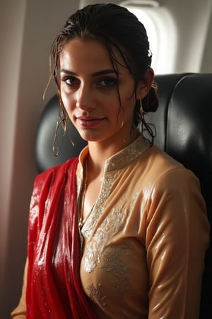 ((Wet clothes, wet hair, wet skin:1.4) (wet clothes, wet hair, wet face, wet skin, water droplets) A cinematic image of a soaking wet indian air hostess , adorned in a traditional tan cream color collared transparent full sleeve salwar kameez with silver embroidery and red dupatta. She is posing for a photo, wearing a soaked skin color salwar kameez with traditional embroidery. The woman is also wearing a gold necklace. Her wet hair is neatly tied in a bun, with wetness visibly showing on her face, hair, and clothes. Full sleeves wet kameez clinging to her body and has floral pattern. . The setting is inside a dimly-lit airplane, illuminating her and the passengers, professional yet alluring expression, 4K, RAW, masterpiece,  full sleeve, tight.


,,Realistic.,, ,soakingwetclothes, wet clothes, wet hair, wet,,3/4 body image ,wet cloths cling to body,Wet,covered in oil,covered in mud,wam,wetlook, Fetishwet,Enhanced all